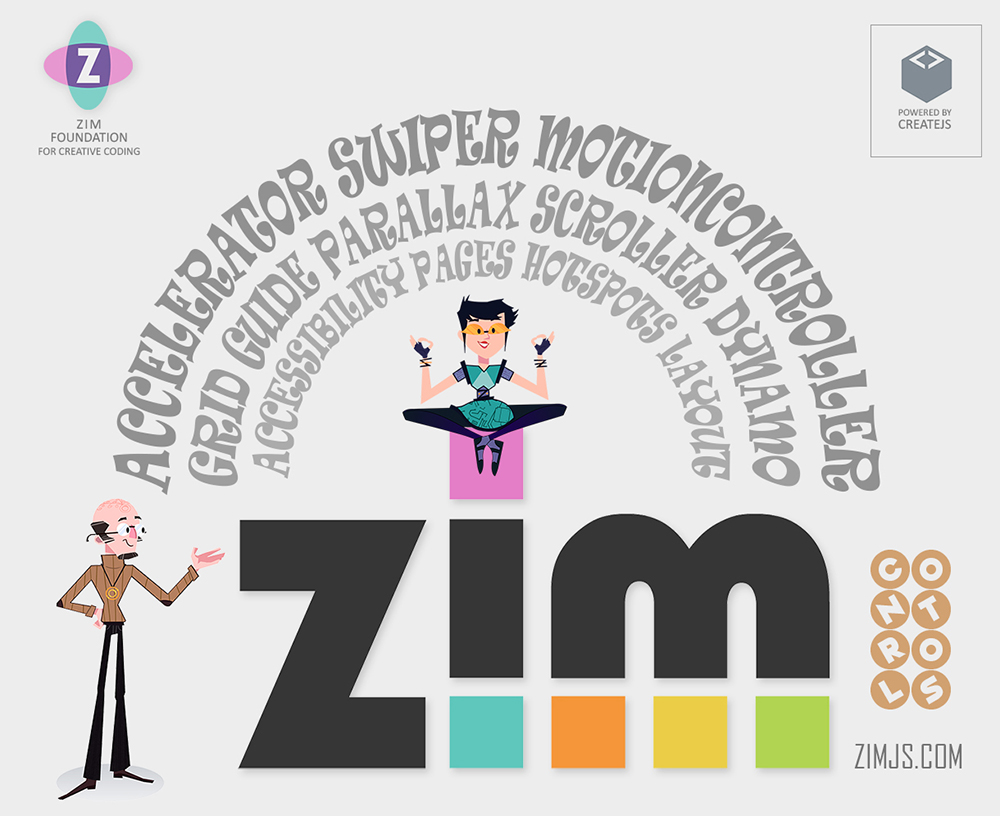 Another picture of ZIM controls - now we see that Pragma was sitting on the dot of the letter i in ZIM. She is surrounded by an arch of words above that say the ZIM controls. Dr Abstract presents the controls which are Accelerator, swiper, motionController, grid, guide, parallax, scroller, dynamo, accessibility, pages, hotspots and layouts. More controls have been added since then too! This is all part of the ZIM Foundation for Creative Coding and powered by CreateJS. We hope to make coding magical for everyone!
