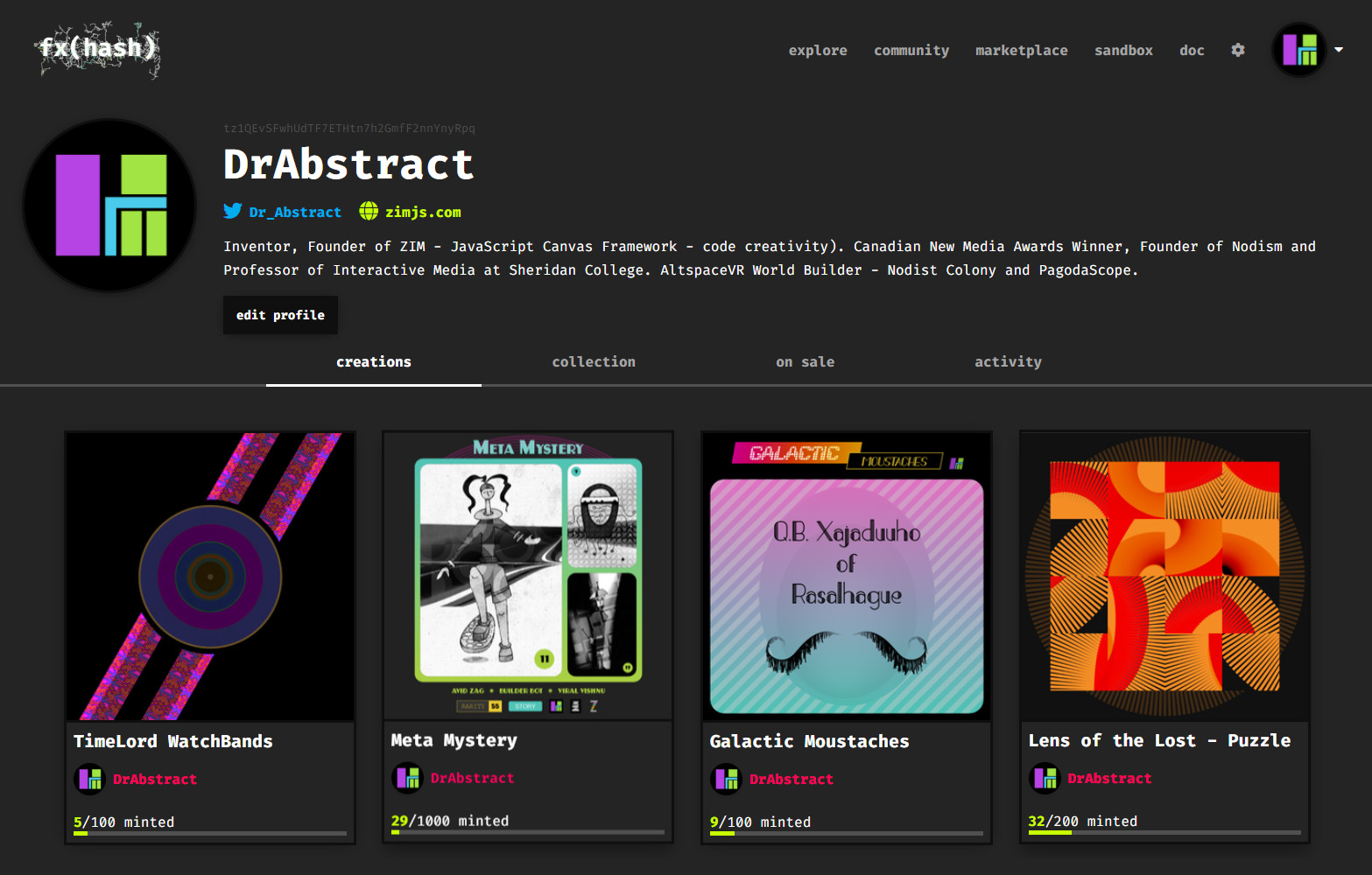 ZIM on FXHash Generative Art Market - Art Collective for making Interactive NFT Gadgets