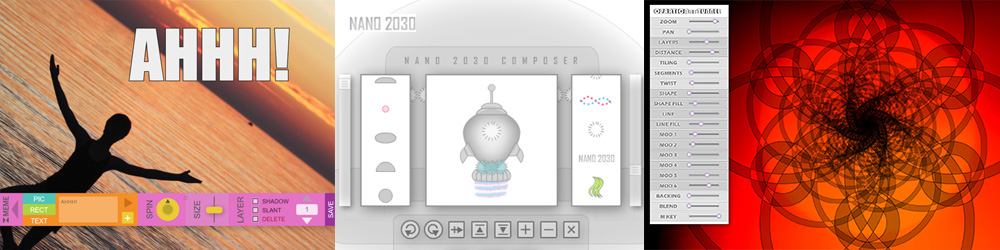 Picture 1. Three pictures showing a meme maker with a person in the sunset. The capture is Ahhhh! And there is interface below that lets a user create a meme. The middle picture shows a cool nano bot being created by tools at the side. And the last picture is beautiful red optical art again with interface to help create. These items all want to be saved and shared.